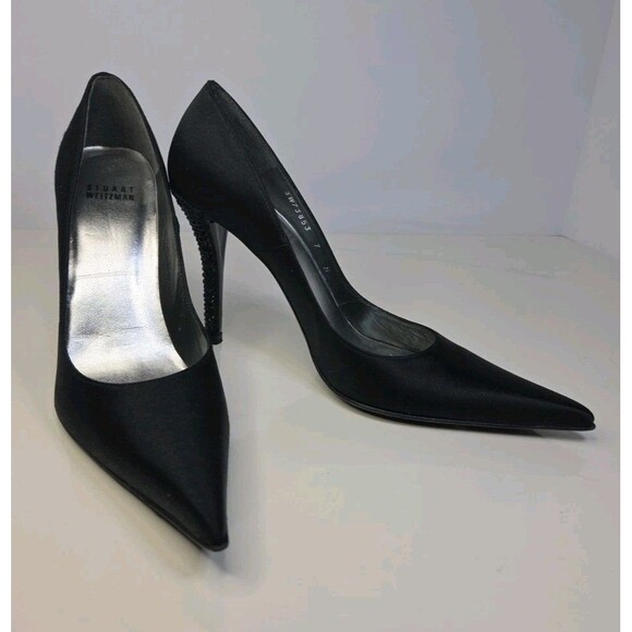 Womens 7 Stuart Weitzman Black Satin Pumps- Crystal Studding On Heel Formal Hoco - Picture 1 of 11